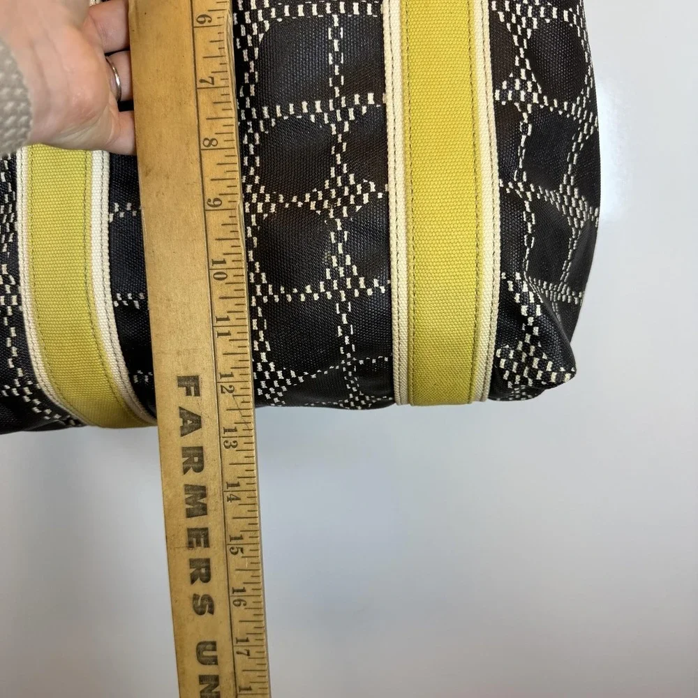 Kate Spade Tote Bag Medium Black Canvas Leather Yellow Straps Geometric